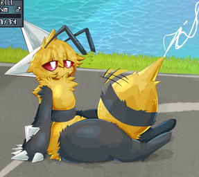 after_transformation anthro arthropod_abdomen male red_eyes silk sitting solo transformation gaogomon beedrill_string_shot_(meme) nintendo pokemon arthropod bee beedrill generation_1_pokemon hybrid hymenopteran insect pokemon_(species) hi_res meme