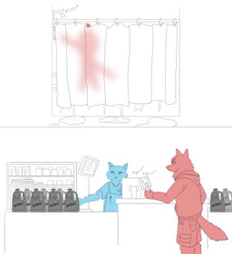 anthro apron bottomwear cargo_shorts clothing credit_card duo hoodie humor male onomatopoeia puddle screen shorts shower sound_effects store text topwear water anonymous_artist canid canine canis domestic_cat domestic_dog felid feline felis husky mammal nordic_sled_dog spitz absurd_res comic hi_res marker_(artwork) traditional_media_(artwork)