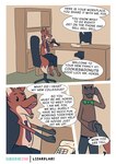 absurd_res ambiguous_gender anthro bodily_fluids bow_tie canid canine chair clothed clothing comic desk duo electronics english_text equid equine fox furniture hi_res horse landline_phone lizardlars male mammal necktie office office_chair phone speech_bubble sweat table text topless