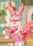 anthro beverage big_breasts bow_ribbon breasts cherry_blossom clothing container cup female flower furniture hair open_mouth pink_eyes pink_hair pink_sclera plant pokemorph prunus_(flower) solo table tea thick_thighs wide_hips mintyspirit nintendo pokemon aimi_(passionatemochibun) eeveelution generation_4_pokemon leafeon pokemon_(species) 2024 digital_media_(artwork) hi_res