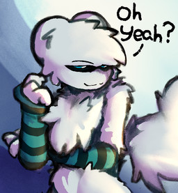 4_fingers :3 ambiguous_gender anthro arm_warmers armwear belly_tuft big_ears big_tail biped black_eyebrows black_sclera black_text blue_eyes cheek_tuft claws clothing curled_tail dialogue eyebrows facial_tuft finger_claws fingers fluffy fluffy_chest fluffy_fur fluffy_tail fur green_arm_warmers green_armwear green_clothing head_tuft holding_own_arm interjection noseless pattern_arm_warmers pattern_armwear pattern_background pattern_clothing question question_mark round_ears simple_background slim solo standing striped_arm_warmers striped_armwear striped_clothing stripes tail tail_tuft text tuft white_body white_claws white_ears white_fur white_tail wickflix casualties:_unknown gunsaw canid canine gunsawian mammal milky_(casualties:_unknown) milky_(gunsawian) 2026 digital_drawing_(artwork) digital_media_(artwork) english_text portrait shaded