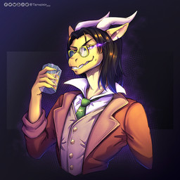 anthro clothed clothing drinking eyewear glasses horn jacket male meceron solo topwear tervainir dungeons_and_dragons hasbro mythology wizards_of_the_coast animal_humanoid dragon dragon_humanoid dragonborn_(dnd) humanoid mythological_creature mythological_scalie scalie 1:1 digital_media_(artwork)