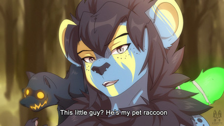 anime_style anthro duo fake_screencap female feral hair looking_at_viewer mane smile spiky_hair krapette knockout_(krapette) felid fish hybrid lion mammal marine pantherine procyonid raccoon shark 16:9 hi_res widescreen