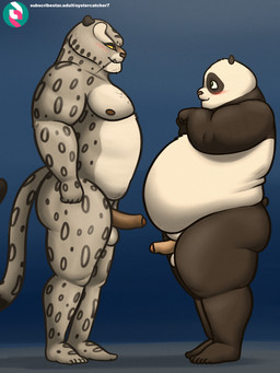 5_fingers 5_toes anthro balls belly big_belly blush blush_lines duo erection eye_contact fangs feet fingers fur genitals humanoid_feet humanoid_genitalia humanoid_hands humanoid_penis looking_at_another male markings mouth_closed multicolored_body multicolored_fur nipples nude obese obese_anthro obese_male overweight overweight_anthro overweight_male pecs penis penis_size_difference plantigrade side_view size_difference slightly_chubby slightly_chubby_anthro slightly_chubby_male smile spots spotted_body spotted_fur standing teeth text thick_thighs toes weight_difference whiskers oystercatcher7 dreamworks kung_fu_panda master_po_ping tai_lung_(kung_fu_panda) bear felid giant_panda mammal pantherine snow_leopard 2024 hi_res url