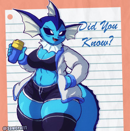 anthro big_breasts black_bottomwear black_clothing black_shorts black_topwear blue_body bottomwear breasts clothing container cup female holding_container holding_cup holding_object huge_breasts multicolored_body shorts solo topwear two_tone_body white_clothing sawcraft1 nintendo pokemon vaporeon_copypasta eeveelution generation_1_pokemon pokemon_(species) vaporeon 2024 hi_res meme