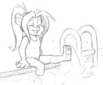 3_toes 4_fingers anthro clothing eyes_closed feet female fingers hair happy ladder one-piece_swimsuit open_mouth pawpads ponytail poolside simple_background smile soles solo splash swimwear toes water white_background young young_anthro young_female dogyd blizzard_entertainment warcraft li_li_stormstout bear mammal pandaren 2023 digital_drawing_(artwork) digital_media_(artwork) monochrome sketch