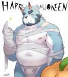 amber_eyes beard blue_body blue_fur bulge clothing costume eyebrows facial_hair food fruit fur holidays horn male navel nipples one_eye_closed pecs plant pumpkin sideburns slightly_chubby smile solo wink kelvinash bonasiah full_attack halloween sophring_jie bear mammal mummy undead 2018