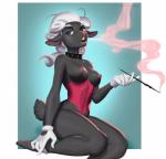 anthro biped bottomless breasts clothed clothing collar female kneeling looking_at_viewer nipples open_mouth smoke solo richarddeus bovid caprine domestic_sheep mammal sheep hi_res