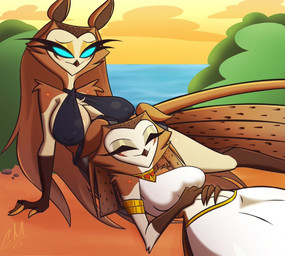 anthro big_breasts breasts clothed clothing duo egyptian egyptian_clothing female female/female half-closed_eyes narrowed_eyes nipple_outline outside resting romantic romantic_couple skimpy sleeping thick_thighs gatojack3 avian bird humanoid owl owl_demon
