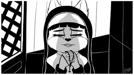 adult_on_young age_difference animal_genitalia animal_penis anthro beads biped black_nose canine_genitalia canine_penis clothed clothing confession_booth cross duo erection eyebrows eyes_closed female genitals knot male male/female nun nun_habit nun_outfit penis penis_shadow prayer_beads praying praying_hands religious_clothing rosary teeth young young_anthro foxy101 canid canine fox mammal 16:9 2023 4k absurd_res black_and_white hi_res monochrome widescreen