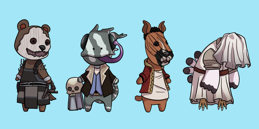 3_toes alternate_species anthro apron arm_spikes bear_trap black_apron black_clothing black_eyes black_hair black_jacket black_nose black_sclera black_tail black_tail_tip black_topwear blue_background blue_clothing blue_topwear blue_vest bottomless bottomless_anthro bottomless_male brown_body brown_fur brown_tail closed_frown clothed clothed_anthro clothed_female clothed_male clothing dipstick_tail dot_eyes dress eye_licking facial_markings feathered_wings feathers featureless_crotch featureless_limbs feet female female_anthro floating frown frowning_at_another fur furrification grey_body grey_dress_shirt grey_eyes grey_nose grey_skin grey_tail grey_veil group hair head_markings holding_bear_trap holding_bell holding_object hunched_over jacket larger_anthro larger_male light long_tail long_tongue looking_at_another looking_at_viewer male male_anthro markings mouth_closed multicolored_body multicolored_skin open_clothing open_jacket open_shirt open_topwear purple_tongue red_clothing red_eyes red_shirt red_topwear shirt short_hair short_legs shoulder_spikes simple_background simple_eyes size_difference smaller_anthro smaller_female smaller_male spikes spikes_(anatomy) straight_legs striped_markings striped_tail stripes tail tail_markings talons toes tongue topwear trap_(contrivance) two_tone_body two_tone_skin two_tone_tail two_tone_tail_feathers veil vest white_body white_clothing white_dress white_feathers white_markings white_mask white_stripes white_tail_feathers white_talons white_wings wings lunareel animal_crossing dead_by_daylight nintendo the_hillbilly_(dead_by_daylight) the_nurse_(dead_by_daylight) the_trapper_(dead_by_daylight) the_wraith_(dead_by_daylight) avian bear bird canid canine canis chameleon chicken domestic_dog galliform lizard mammal phasianid reptile scalie spirit 2019 cel_shading colored crossover digital_drawing_(artwork) digital_media_(artwork) english_description lighting shaded