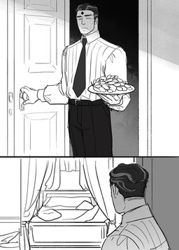 bed bottomwear clothed clothing detailed_background door food fruit fully_clothed furniture grape hair human_only male not_furry pants plant plate solo starfleetrambo siren_and_scientist anders_(starfleetrambo) human mammal comic digital_media_(artwork) hi_res monochrome sketch