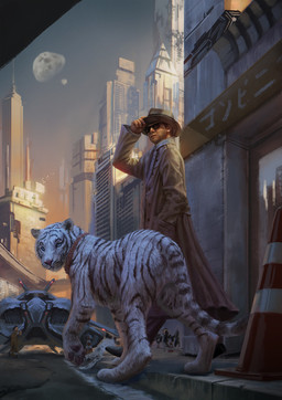 blue_eyes casual_nudity city clothed clothing coat day detailed_background detailed_fur duo_focus feral fur future group male outside pink_nose science_fiction sky standing striped_body striped_fur stripes topwear trenchcoat urban white_body white_fur conditional_dnp royz felid human mammal pantherine tiger 2018 detailed digital_media_(artwork) digital_painting_(artwork) hi_res painting_(artwork)