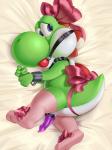 ball_gag bdsm bed_sheet bedding blush clothed clothing collar crossdressing cuff_(restraint) femboy gag handcuffs legwear looking_at_viewer male metal_cuffs restraints ribbons shackles solo stockings lewdango mario_bros nintendo lenni_(boundedyoshi) green_yoshi yoshi hi_res