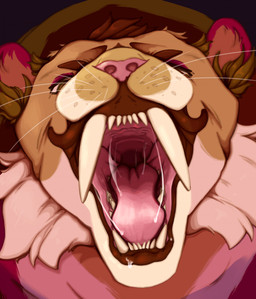 anthro big_fangs black_background bodily_fluids brown_body brown_eyes brown_fur fangs front_view fur male male_anthro mouth_shot narrowed_eyes open_mouth pink_tongue saliva saliva_string simple_background solo teeth tongue whiskers white_body white_fur lionfloof felid mammal bust_portrait hi_res portrait