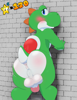 anthro anus backsack balls blue_eyes blush bodily_fluids bouncing_balls bouncing_butt brick brick_wall butt butt_heart genitals glans green_body humanoid_genitalia humanoid_penis looking_at_viewer looking_back looking_back_at_viewer male nude orange_spikes penis perineum presenting presenting_hindquarters rear_view retro shell slightly_chubby slightly_chubby_male solo spikes star sweat sweatdrop tail tail_anus tail_motion tailwag text wall_(structure) white_body bonebees mario_bros nintendo yoshi_(character) yoshi 2026 absurd_res artist_name digital_drawing_(artwork) digital_media_(artwork) hi_res