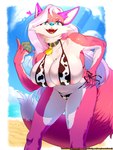 animal_print anthro areola big_breasts bikini breasts cleavage clothed clothing collar condom cow_print female fur holding_condom holding_object huge_breasts pink_body pink_fur sexual_barrier_device side-tie_bikini solo string_bikini swimwear two-piece_swimsuit renatetherat denisse canid canine fox mammal 3:4 hi_res