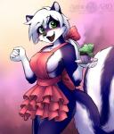 anthro apron apron_only blue_body blue_fur blush breasts clothing cupcake female food fur green_eyes hair mostly_nude ribbons side_boob smile solo white_hair abluedeer taki_(takikuroi) mammal mephitid skunk 2016 digital_media_(artwork) hi_res shaded