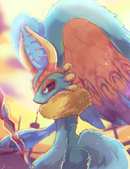 ambiguous_gender antares_(kirby_and_the_forgotten_land) anthro antlers biped chest_tuft colored_nails detailed_background digitigrade fingernails fluffy fluffy_tail fur head_wings holding_melee_weapon holding_object holding_polearm holding_weapon horn huge_wings melee_weapon mouthless multicolored_body multicolored_eyes multicolored_fur nails narrowed_eyes neck_tuft orange_body orange_fur outside pink_eyes polearm pupils purple_fingernails purple_nails purple_sclera side_view solo tail tan_body tan_fur teal_body teal_eyes teal_fur tuft unusual_wing_placement weapon wings chii_mako kirby_(series) kirby_and_the_forgotten_land nintendo fecto_elfilis alien chinchillid mammal rodent starling_(kirby) 2022 digital_drawing_(artwork) digital_media_(artwork) portrait three-quarter_portrait