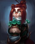 anthro clothing female green_eyes hair red_hair simple_background solo shadoca blizzard_entertainment warcraft bear mammal pandaren 2020 hi_res