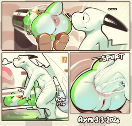 anal anus big_anus bodily_fluids cum cum_in_ass cum_inside duo female feral genital_fluids genitals humanoid_genitalia humanoid_penis looking_back male male/female penis sound_effects stuck text vulva aymbord mario_bros nintendo aymbord_(character) yoshi comic hi_res