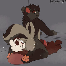 anthro anus backsack balls black_nose blush blush_lines bodily_fluids brown_body brown_fur brown_inner_ear butt butt_sniffing butt_squish duo eyewear eyewear_only facesitting feet fur genital_fluids genitals glasses glasses_only green_eyes grey_body grey_fur hair half-closed_eyes head_tuft hindpaw kneeling lying male male/male masturbation musk narrowed_eyes nose_in_anus nude on_back opaque_glasses pawpads paws penile penile_masturbation penis pillow pink_pawpads plantigrade precum red_blush red_penis round_glasses short_hair sitting sitting_on_another smile smothering sniffing snout snout_in_ass snout_penetrating squish sweat sweaty_butt tail tapering_penis tuft wearing_glasses whisker_spots white_body white_fur sarcobutter tuko_(tukoferret) wix_(skunkwix) domestic_ferret mammal mephitid mustelid musteline skunk striped_skunk true_musteline weasel 1:1 2026 animated digital_media_(artwork) hi_res loop