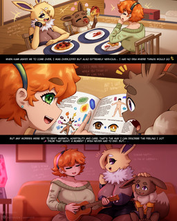 5_fingers ahoge anthro appliance arm_tuft athletic athletic_anthro athletic_female bar_emanata big_breasts black_eyeshadow blush book bracelet breasts brown_body brown_fur chair clothed clothing crossbar_emanata detailed_background dialogue ear_piercing ear_stud eating eating_food elbow_tuft emanata evolution_stone eyebrows eyelashes eyes_closed eyeshadow facial_tuft female fingers food freckled_back freckled_breasts freckled_chest freckled_face freckled_shoulders freckles fur furniture glistening_eyelids green_eyes group hair hair_over_eye hand_on_head happy headpat huge_breasts industrial_piercing inside jewelry kitchen_appliance lamp lava_lamp long_eyelashes lore lute makeup meatball microwave_oven motion_lines musical_instrument on_chair open_mouth orange_hair pasta piercing plate playful playing_music plucked_string_instrument purple_eyes purple_inner_ear purple_sclera reading red_hair sharp_teeth shoulder_tuft singing sitting sitting_on_chair sofa spaghetti string_instrument studded_bracelet studded_jewelry studs table teeth text tuft ukulele white_eyebrows white_eyes yellow_body yellow_fur young young_anthro gammainks nintendo pokemon kaminari_(gammainks) katherine_robinson_(gammainks) kumo_(gammainks) eevee eeveelution generation_1_pokemon human jolteon mammal pokemon_(species) 2026 4:5 absurd_res artist_name comic digital_media_(artwork) english_text french_text hi_res mother_(lore) mother_and_child_(lore) mother_and_son_(lore) parent_(lore) parent_and_child_(lore) parent_and_son_(lore) son_(lore)