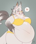 anthro belly belly_overhang big_belly black_body black_fur bra clothing ear_piercing eyewear female fluffy fluffy_tail fur fur_markings grabbing_belly grey_body grey_eyes grey_fur heart_symbol huge_belly huge_hips huge_thighs jewelry licking licking_lips looking_at_self looking_down markings navel neck_tuft necklace obese obese_anthro obese_female overweight overweight_anthro overweight_female panties piercing pink_nose simple_background solo sunglasses tail thick_thighs tongue tongue_out tuft underwear wide_hips yellow_bra yellow_clothing yellow_panties yellow_underwear valerayu canid canine fox mammal hi_res