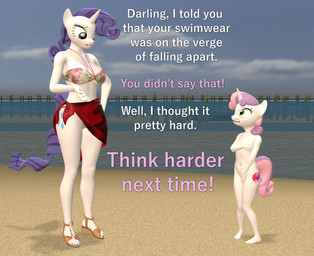 anthro anthrofied beach bikini biped blue_eyes breasts clothed clothing covering covering_chest covering_crotch covering_self dialogue duo eyelashes female fingers flat_chested footwear green_eyes hair horn larger_female loli navel nude pink_hair pupils purple_hair shoes size_difference smaller_female swimwear text thick_thighs two-piece_swimsuit white_body young papadragon69 friendship_is_magic hasbro my_little_pony mythology rarity_(mlp) sweetie_belle_(mlp) equid equine mammal mythological_creature mythological_equine unicorn 3d_(artwork) digital_media_(artwork) english_text sibling_(lore) sister_(lore) sisters_(lore)