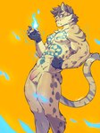 2019 3:4 5_fingers anthro black_clothing blue_fire clothing clouded_leopard colored_fire countershading deity felid fingerless_gloves fingers fire flaccid genitals gloves handwear hi_res humanoid_genitalia humanoid_penis likulau male mammal muscular muscular_anthro muscular_male nekojishi pantherine penis simple_background solo studio_klondike tiggon_the_great yellow_background