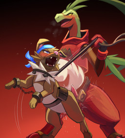 anthro anthro_on_feral bestiality biped blush clothed clothed_anthro clothed_male clothing duo erection feet feral fingers front_view fur genitals male penis smile standing tail teeth toes tongue tenebscuro nintendo pokemon generation_3_pokemon generation_7_pokemon grovyle pokemon_(species) rockruff 2026 digital_drawing_(artwork) digital_media_(artwork) hi_res