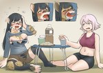 2018 anthro black_hair bodily_fluids breast_expansion breasts bulge c-3matome claws clothed clothing comic drooling duo expansion female food ftg_transformation fti_transformation fur gender_transformation genital_growth growth gynomorph hair human hyena intersex mammal midriff navel nipples penis_growth pink_hair saliva snout spotted_hyena toe_claws tongue tongue_out torn_clothing transformation