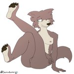 anthro breasts butt female fur genitals nipples one_eye_closed pawpads paws presenting presenting_pussy pussy raised_leg smile solo tail wink sarcobutter beastars juno_(beastars) canid canine canis mammal wolf 1:1 hi_res watermark