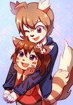 2018 accessory anthro arms_around_another bow_ribbon brown_body brown_hair claws clothing daww digital_media_(artwork) duo eyebrows eyelashes female finger_claws fingers flavia-elric fluffy fluffy_tail furret generation_2_pokemon hair hair_accessory hair_bow hair_ribbon happy hi_res hoodie male nintendo one_eye_closed open_mouth open_smile pokemon pokemon_(species) pupils purple_eyes ribbons sharp_teeth smile standing tail teeth tongue topwear white_sclera