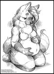 2023 anthro breasts canid canine chest_tuft crossgender featureless_breasts female fur greyscale hair looking_down mammal maned_wolf monochrome o-kemono pregnant pregnant_anthro pregnant_female solo tail tuft
