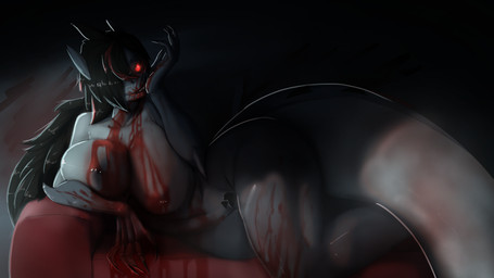 anthro big_breasts big_butt blood blood_on_chest blood_on_hand bodily_fluids breasts butt dark_hair female furniture glowing glowing_eyes nipple_piercing nipples nude piercing pubes red_eyes simple_background sofa solo tail teeth thick_thighs lizzard_sama reyes_(lizzard_sama) aquatic fish shark vampire 16:9 hi_res widescreen