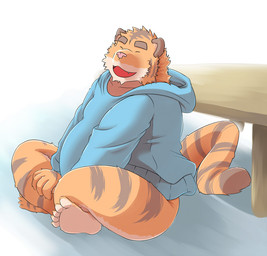 anthro belly clothing eyes_closed hoodie humanoid_hands male overweight overweight_anthro overweight_male pink_nose sitting solo topwear baru_x2 felid mammal pantherine tiger 2015