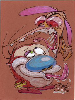 angry anthro big_nose blue_nose bodily_fluids clothing duo featureless_feet feet gloves green_eyes hair handwear heterochromia male nude orange_background pink_tongue red_body red_eyes saliva sharp_teeth simple_background tan_body teeth text tongue tongue_out toony yelling john_k nickelodeon ren_and_stimpy ren_höek stimpy_j._cat canid canine canis chihuahua domestic_cat domestic_dog felid feline felis mammal toy_dog 2020 artist_name hi_res marker_(artwork) traditional_media_(artwork)