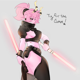 belt big_breasts black_sclera breasts butt clothing dual_wielding eyebrows eyelashes female hair holding_lightsaber holding_object holding_weapon horn lightsaber melee_weapon not_furry pink_body pink_hair pink_skin ponytail red_lightsaber sith solo weapon yellow_eyes holic_fz my_hero_academia star_wars ashido_mina horned_humanoid humanoid 2026 absurd_res hi_res