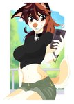 anthro border bottomwear breasts brown_eyes brown_hair cellphone choker clothed clothing cloud countershade_torso countershading crop_top day ear_piercing electronics female front_view fully_clothed fur hair holding_cellphone holding_object holding_phone jewelry looking_at_cellphone looking_at_object looking_at_phone multicolored_hair navel necklace orange_hair outside pants phone piercing shirt shorts sitting sky smile solo tail tan_body tan_fur topwear white_border wolflady danika_(wolflady) canid canine canis domestic_dog mammal 2024