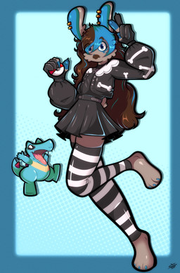 3_toes ambiguous_gender anthro blue_eyes blue_hair bottomwear brown_body brown_fur brown_hair clothing ear_piercing ear_ring ear_stud feet fur gesture hair hand_gesture humanoid_hands jacket legwear long_hair looking_at_viewer on_one_leg pattern_clothing pattern_legwear piercing pokeball raised_leg ring_piercing skirt solo standing striped_clothing striped_legwear stripes toes topwear translucent translucent_clothing translucent_topwear v_sign it_doodles nintendo pokemon crocodilian generation_2_pokemon lagomorph leporid mammal pokemon_(species) rabbit reptile scalie totodile 2025 digital_drawing_(artwork) digital_media_(artwork) english_description hi_res genderfluid_(lore) nonbinary_(lore)