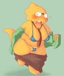 anthro bra camel_toe clothing embarrassed female necktie panties solo surprise underwear undressing alpi deltarune undertale_(series) alphys dinosaur prehistoric_species reptile scalie hi_res