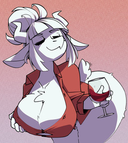 alcohol anthro bent_over beverage big_breasts bottomless breasts button_(fastener) chest_tuft cleavage clothed clothing container cup drinking_glass female fur glass glass_container glass_cup hair hand_on_own_breast holding_breast huge_breasts markings mole_(marking) mole_under_eye solo straining_buttons thick_thighs tuft white_body white_fur white_hair wine wine_glass unyin helltaker goat_lucifer_(helltaker) bovid caprine goat mammal hi_res