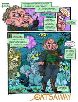 6_breasts anthro breasts clothing comic_panel dialogue female group male meow military_uniform multi_breast narration nipples plasma_gun profanity solo_focus speech_bubble text uniform bubbalossom felid feline human mammal comic english_text hi_res