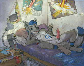 animal_genitalia animal_penis anthro armpit_hair balls beckoning bed bedroom big_penis biped blue_hair body_hair briefs canine_genitalia canine_penis clothing condom detailed_background erection explosives feet furniture garland genitals gesture grenade gron hair looking_at_viewer lube male nipples nude on_bed penis poster ranged_weapon rocket_launcher sexual_barrier_device smile solo student underwear weapon sicklyhypnos ray-bleiz canid canine canis mammal wolf traditional_media_(artwork)