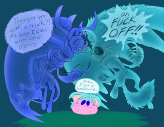 ambiguous_gender angry anthro antlers argument big_ears biped bipedal_feral black_sclera blue_background blue_eyes blush blush_stickers bristled_fur bristled_tail chest_tuft crystal dialogue digitigrade ellipsis exclamation_point eye_contact eyes_closed feral fingernails fluffy fluffy_tail fur grass group head_wings headache horn huge_wings looking_at_another mouthless nails narrowed_eyes neck_tuft notched_ear pink_body plant profanity pupils purple_body question_mark red_body semi-anthro simple_background size_difference speech_bubble spiked_tail spikes spikes_(anatomy) tail talking_to_another teal_body teal_fur text translucent translucent_body tuft unusual_wing_placement wings muffin-snakes kirby_(series) kirby_and_the_forgotten_land nintendo star-crossed_world elfilin fecto_elfilis genwel_meteonelfilis kirby alien chinchilla chinchillid mammal rodent spirit starling_(kirby) waddling_head 2026 digital_drawing_(artwork) digital_media_(artwork) english_description english_text hi_res signature male_(lore)