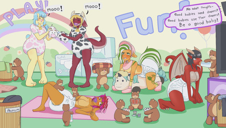 ageplay animal_print anthro baby_bonnet baby_bottle bib big_diaper black_hair blonde_hair blue_hair blush booties breasts card changing_mat claw_toes clean_diaper clothed clothing cow_print dialogue diaper diaper_only diaper_package drinking_milk electronics featureless_breasts female fur green_floor green_hair grinding group hair handwear horn infantilism inside kneeling long_ears looking_at_television looking_up lying markings masturbation mittens nub_tail nursery on_back onesie orange_body orange_fur playing_card plushie plushie_humping plushophilia red_body red_hair red_scales roleplay scales spiral spiral_eyes standing tail television topless wearing_diaper white_hair wings yellow_body thatdlguy mythology amber_(desertdwellerfeller) bubblegum_(bubblepuppers) tia_(crimsoni) animate_inanimate canid canine canis domestic_dog dragon kobold lagomorph leporid living_plushie mammal mythological_creature mythological_scalie rabbit scalie hi_res