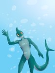 animal_genitalia anthro bubble eye_scar facial_scar fin genital_slit genitals gesture gills happy male membrane_(anatomy) orange_eyes scar solo tail underwater water waving waving_at_viewer elgesugha kirk_ramus fish marine shark absurd_res hi_res