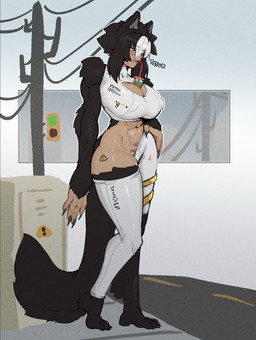 abs barefoot big_breasts black_body black_fur black_hair blush breasts cleavage_cutout clothing cutout drinking drinking_straw feet female female_humanoid fur hair latex latex_clothing latex_leg_warmers latex_topwear leg_warmers legwear multicolored_hair nipple_outline red_eyes solo tail thick_thighs topwear two_tone_hair white_clothing white_hair white_latex white_leg_warmers white_legwear white_topwear wide_hips thevarking rana_ulfson animal_humanoid canid canid_humanoid canine canine_humanoid humanoid mammal mammal_humanoid wolf_humanoid 2025 hi_res