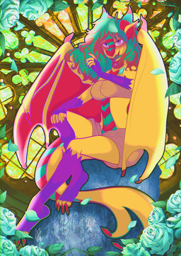 anthro big_breasts breasts feathered_wings feathers female flower fur jade_(gem) light multicolored_body multicolored_fur non-mammal_breasts plant purple_eyes scales solo stained_glass sunlight ventral_scales wings yellow_body unknown_artist mythology o_hear_thee cynthia_(oth) dragon mythological_creature mythological_scalie scalie absurd_res hi_res